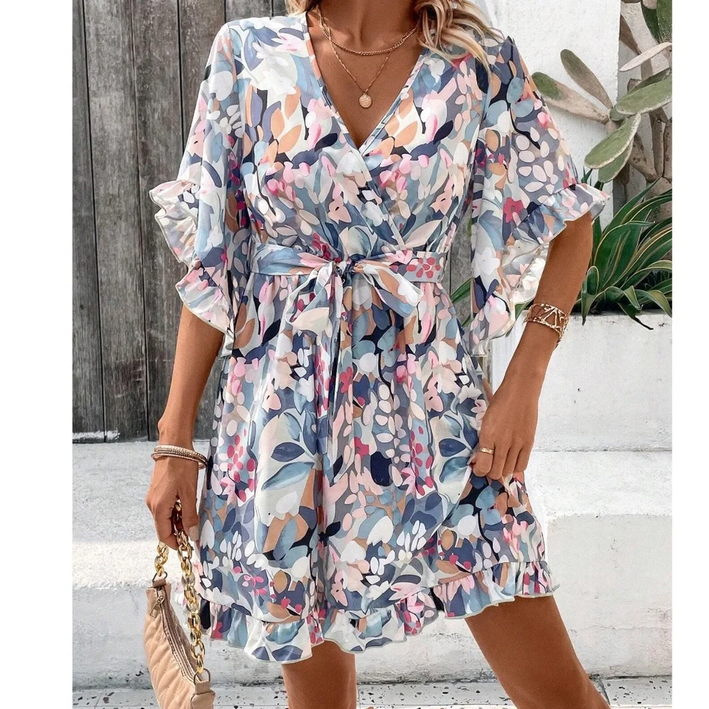 Boho Floral Print Ruffle Sleeve Mini Dress - Picture 1 of 4